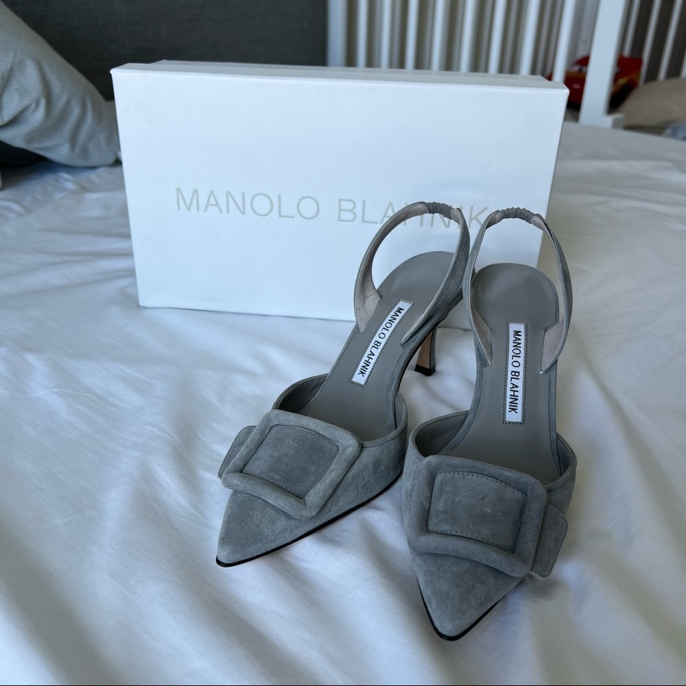 Manolo Blahnik Maysale Slingback in Gray Suede 36.5